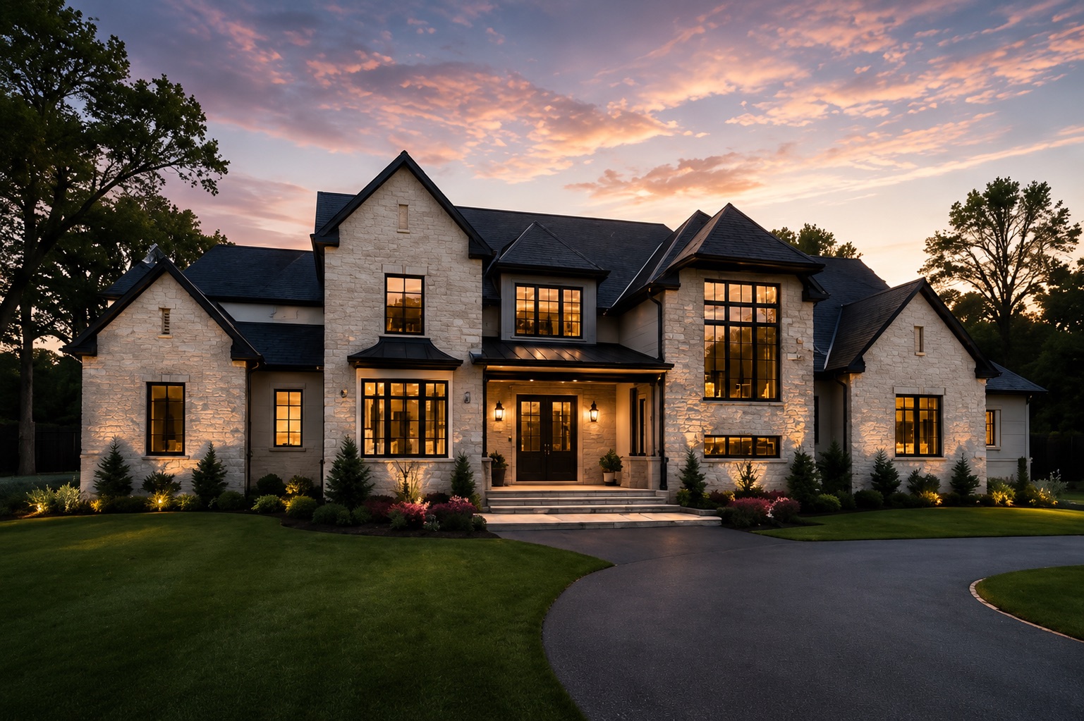 Luxury custom home exterior at dusk