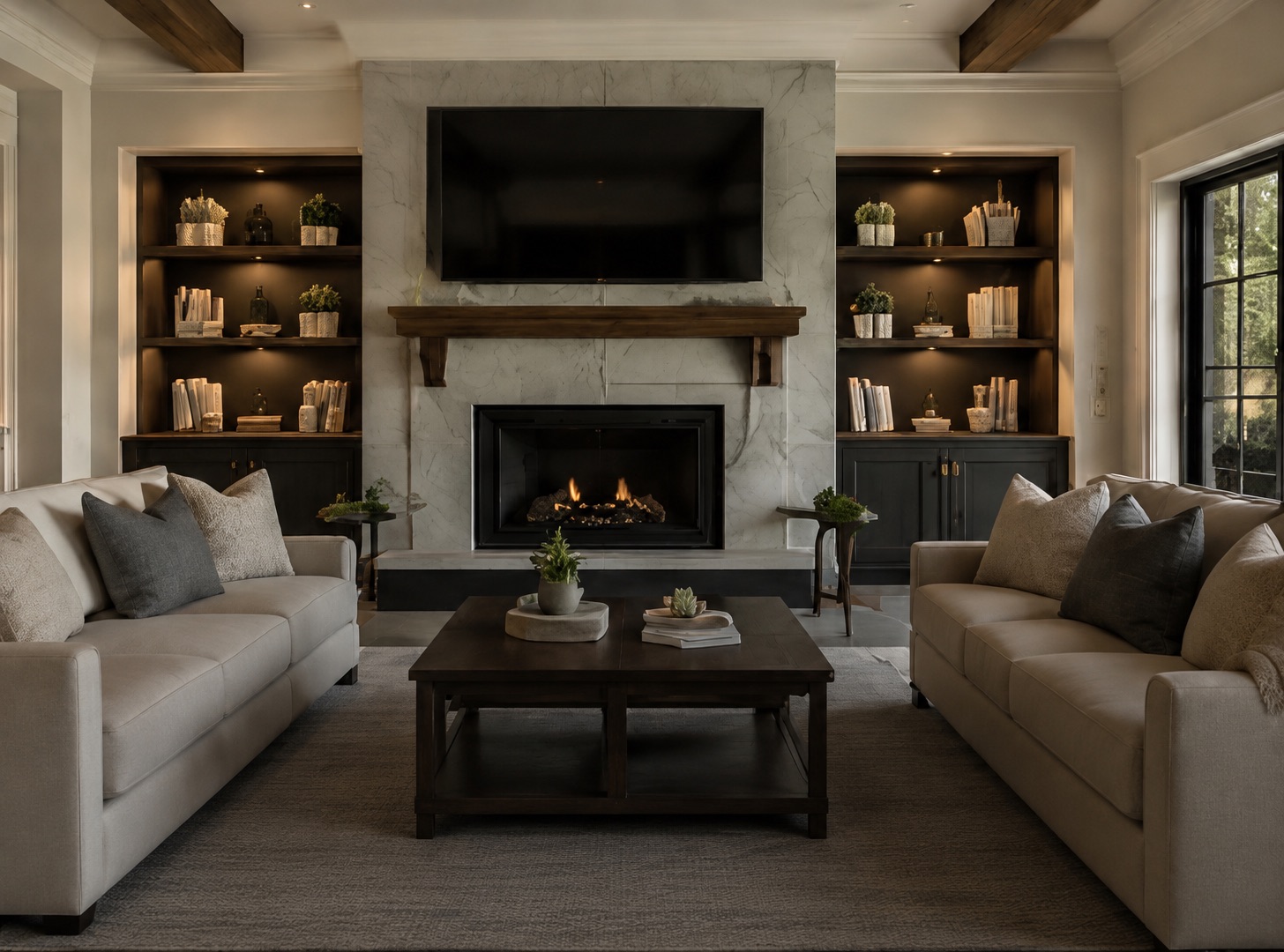 Luxury living room with custom fireplace and built-ins