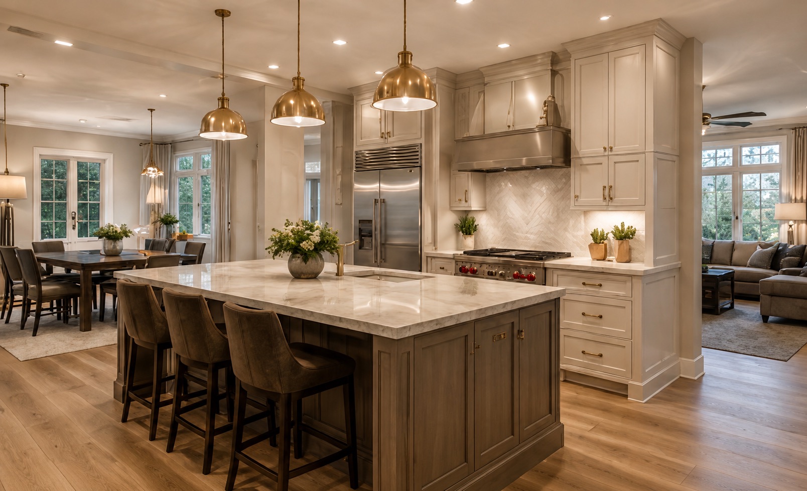 Luxury kitchen with custom cabinetry and oversized island