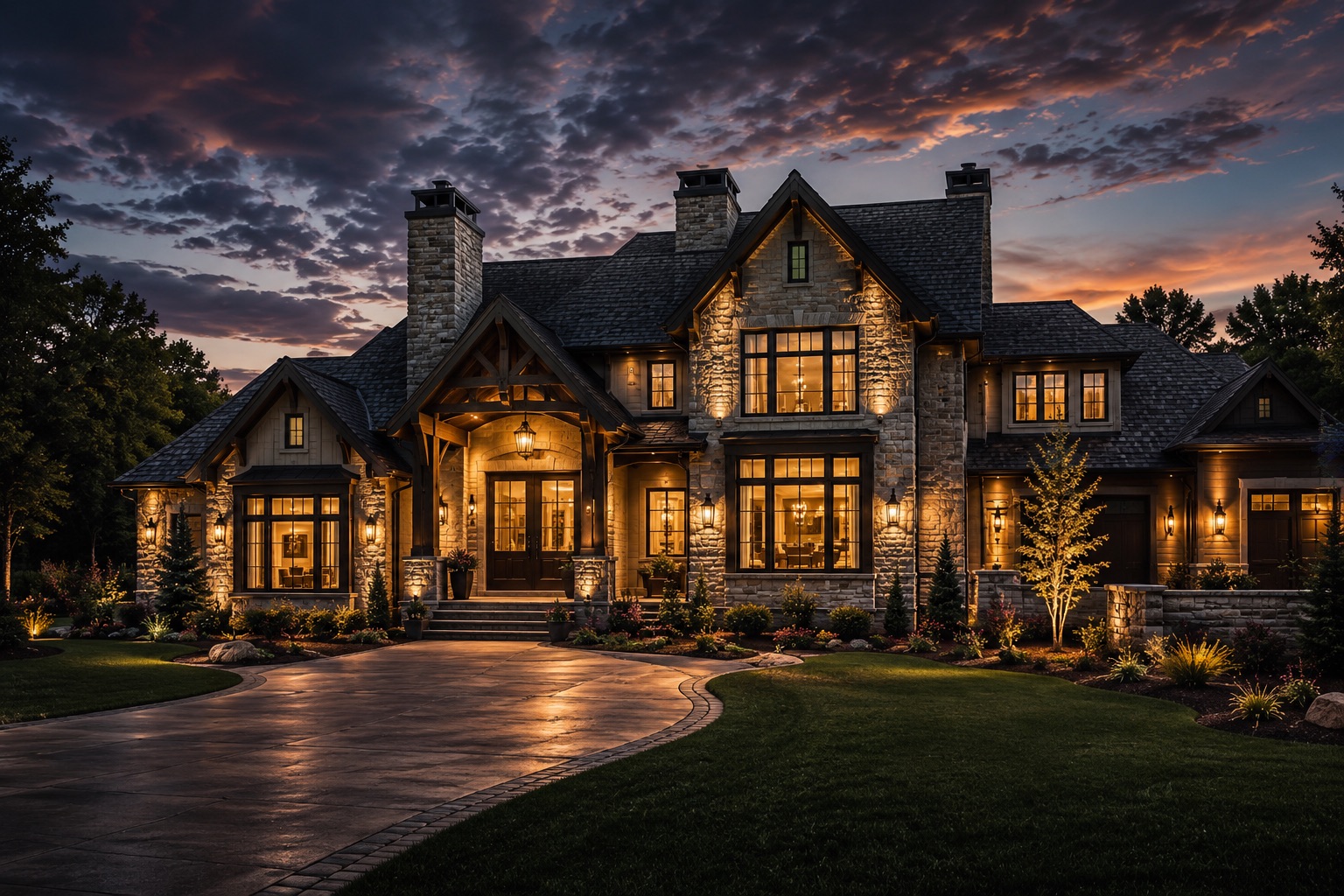 Luxury estate residence exterior at dusk